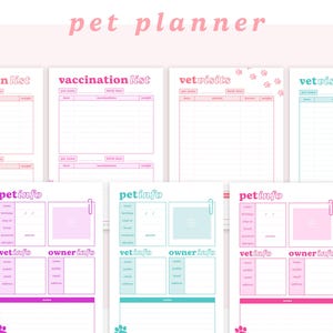 Peut inclure: Pages de planificateur pour animaux de compagnie imprimables avec des accents roses, bleus et verts. Les pages comprennent des sections pour la liste de vaccination, les visites chez le v&eacute;t&eacute;rinaire et les informations sur les animaux de compagnie.