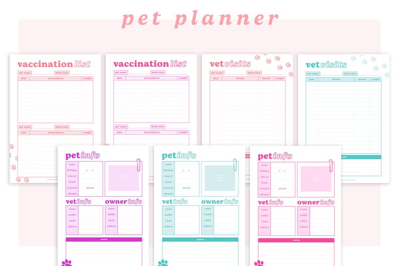 Peut inclure: Pages de planificateur pour animaux de compagnie imprimables avec des accents roses, bleus et verts. Les pages comprennent des sections pour la liste de vaccination, les visites chez le v&eacute;t&eacute;rinaire et les informations sur les animaux de compagnie.