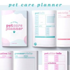 Peut inclure: Un planificateur de soins pour animaux de compagnie rose et bleu avec des sections pour les informations sur les animaux de compagnie, les visites chez le v&eacute;t&eacute;rinaire, la liste des vaccinations, les visites chez le toiletteur, les informations sur la garde d'animaux de compagnie et l'horaire des animaux de compagnie.