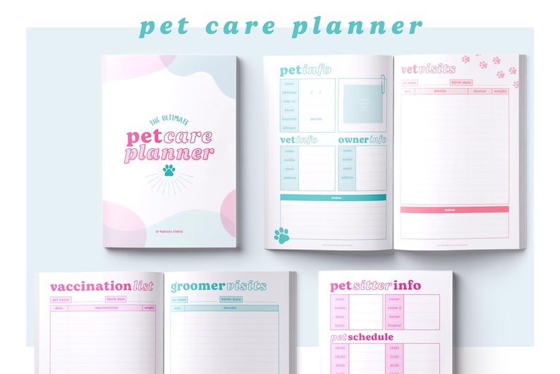 Peut inclure: Un planificateur de soins pour animaux de compagnie rose et bleu avec des sections pour les informations sur les animaux de compagnie, les visites chez le v&eacute;t&eacute;rinaire, la liste des vaccinations, les visites chez le toiletteur, les informations sur la garde d'animaux de compagnie et l'horaire des animaux de compagnie.