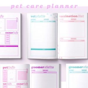 Peut inclure: Un planificateur de soins pour animaux de compagnie imprimable avec des sections pour les informations sur les animaux de compagnie, les visites chez le v&eacute;t&eacute;rinaire, la liste des vaccinations et les visites chez le toiletteur. Le planificateur a un sch&eacute;ma de couleurs rose, bleu et vert avec des accents en forme de patte.