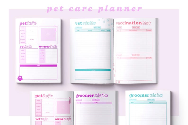 Peut inclure: Un planificateur de soins pour animaux de compagnie imprimable avec des sections pour les informations sur les animaux de compagnie, les visites chez le v&eacute;t&eacute;rinaire, la liste des vaccinations et les visites chez le toiletteur. Le planificateur a un sch&eacute;ma de couleurs rose, bleu et vert avec des accents en forme de patte.