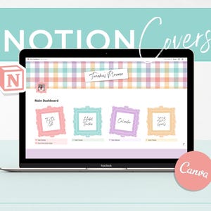 Könnte beinhalten: Ein Laptop-Bildschirm zeigt einen Notion-Arbeitsbereich mit einem karierten Hintergrund in Rosa, Weiß und Blau. Der Arbeitsbereich trägt den Titel "Forever Planner" und enthält Abschnitte für "To Do List", "Habit Tracker", "Kalender" und "2023 Goals". Der Laptop befindet sich auf einer hellblauen Oberfläche mit einem rosa Kreis, auf dem "Canva" steht.