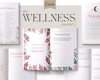 May include: A wellness journal with a white cover and gold lettering. The journal has a variety of sections, including self-love affirmations, sleep tracker, planner, and habit tracker. The journal is decorated with a floral design in shades of red, green, and gold.