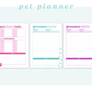 Peut inclure: Planificateur d'animaux imprimable avec trois sections&nbsp;: informations sur le pet-sitter, visites chez le toiletteur et horaire des animaux. Le planificateur est de couleur rose et bleue avec des accents en forme de pattes.