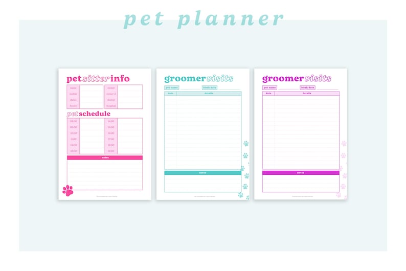 Peut inclure: Planificateur d'animaux imprimable avec trois sections&nbsp;: informations sur le pet-sitter, visites chez le toiletteur et horaire des animaux. Le planificateur est de couleur rose et bleue avec des accents en forme de pattes.