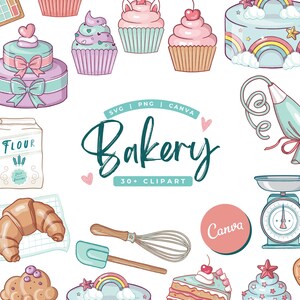 May include: A collection of bakery-themed clipart illustrations. Includes cakes, cupcakes, a mixer, flour bag, croissant, whisk, scale, and the word "Bakery" in a script font. The color palette is pastel pink, blue, and white.