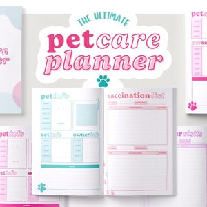May include: A pink and blue planner with the title "The Ultimate Petcare Planner". The planner includes sections for pet information, vet information, owner information, vaccination list, pet sitter information, and a pet schedule.