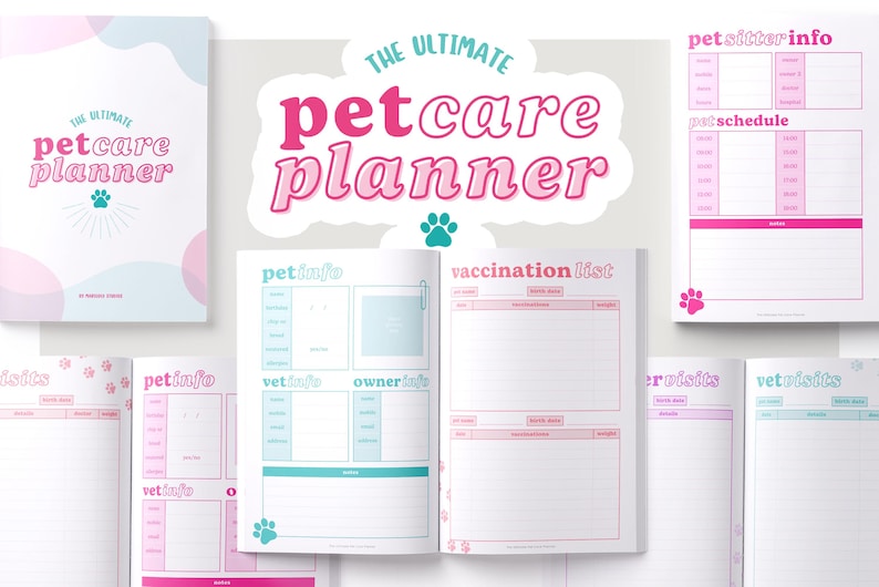 Peut inclure: Un planificateur rose et bleu avec le titre "The Ultimate Petcare Planner". Le planificateur comprend des sections pour les informations sur les animaux de compagnie, les informations sur le v&eacute;t&eacute;rinaire, les informations sur le propri&eacute;taire, la liste des vaccinations, les informations sur le gardien d'animaux et un horaire pour les animaux de compagnie.