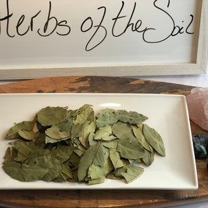 Pode incluir: Um prato de cerâmica branco com um monte de folhas de louro secas sobre uma superfície de madeira. O texto "Herbs of the Soil" está escrito em um quadro branco acima do prato.