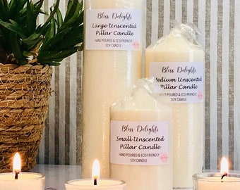 Unscented Soy Wax Pillar Candles | Plastic Free Natural Pillar Candles | Cruelty Free + Vegan Candles
