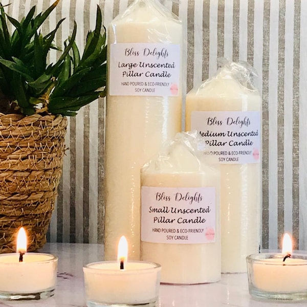 Unscented Soy Wax Pillar Candles | Plastic Free Natural Pillar Candles | Cruelty Free + Vegan Candles