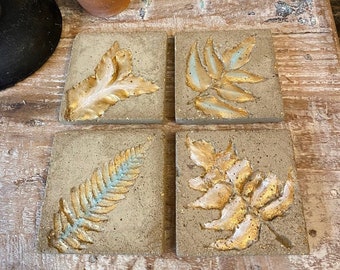 Set of 4 - One of a kind concrete coasters pressed with leaves