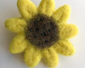 Needle felted Sunflower pin OR ornament . Message with choice
