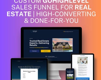 May include: A screenshot of a website promoting a real estate sales funnel. The website features a dark blue background with white text and images of houses. The text on the website reads "Trusted Real Estate Experts, Delivering Results" and "A Seamless Home Buying & Selling Experience".