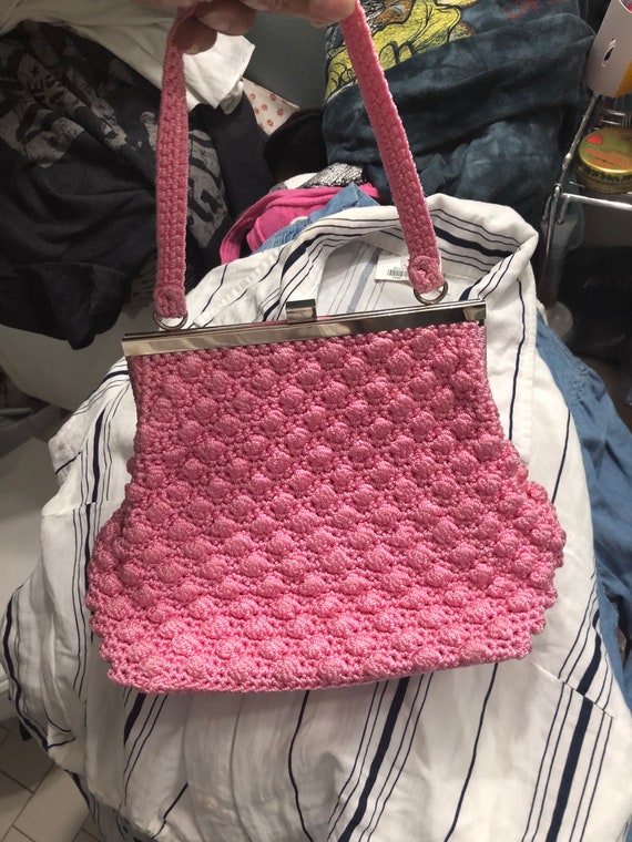 Vtg pink 50s 60s knit crochet bag purse handbag cl