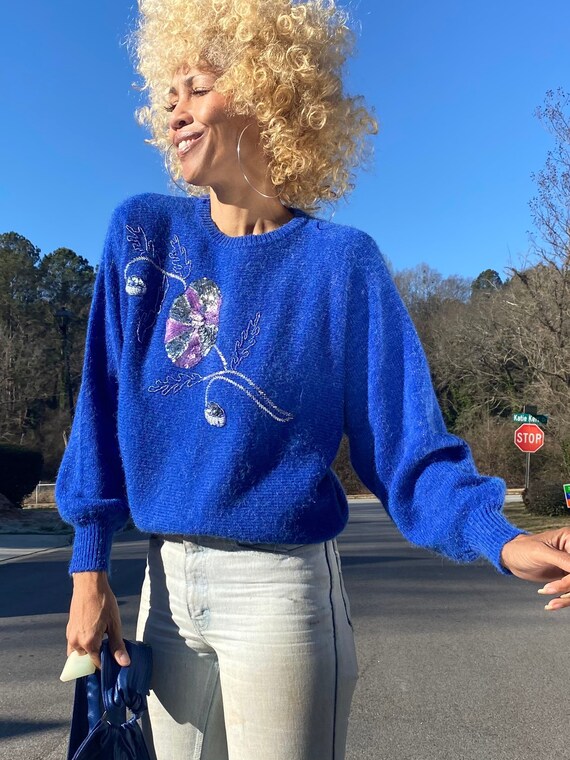 Vintage 80s blue mohair dolman batwing sweater seq