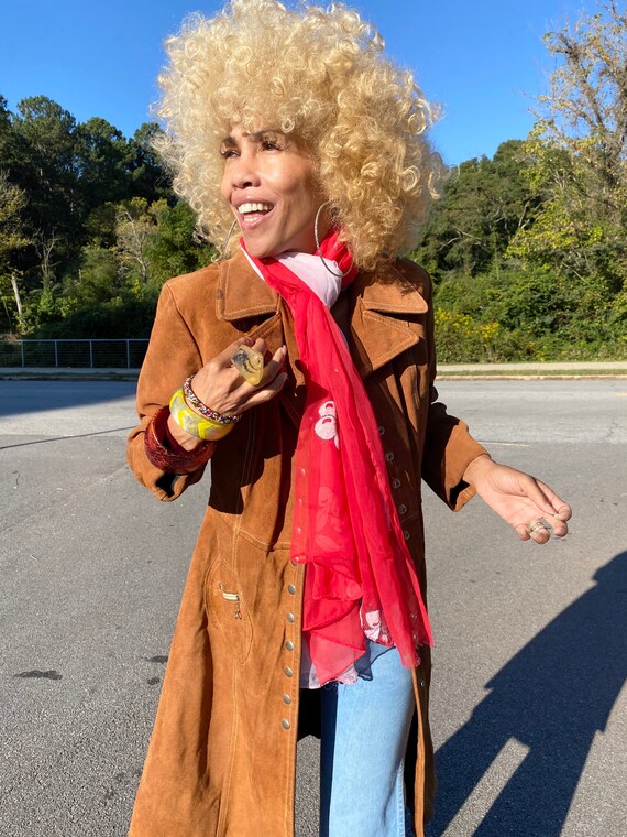 Vtg 70s suede leather trench coat jacket pockets s