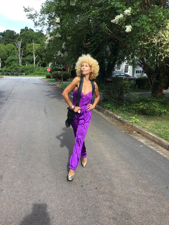 Vtg purple 70s jumpsuit romper lace nylon camisole
