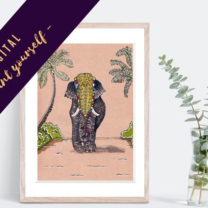 Asian Elephant Illustration PRINTABLE ART | Decorated Elephant Poster Instant Download | Decorated Indian Elephant - A4, A5, 4x6 & 5x7