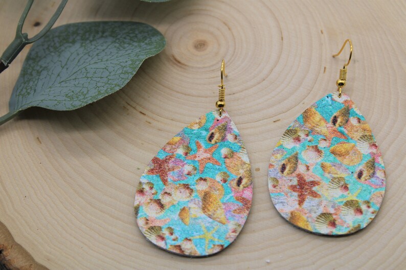 Genuine Leather Teardrop Earrings Shell Summer Beach Multiple Sizes