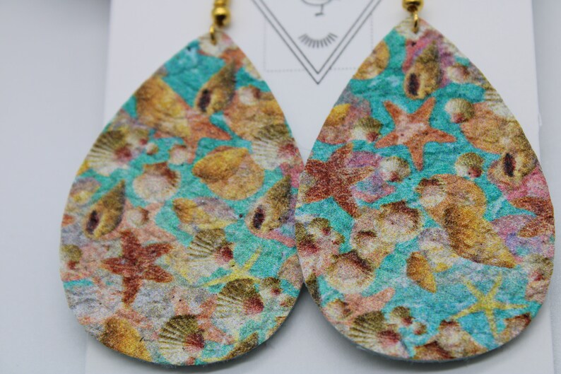 Genuine Leather Teardrop Earrings Shell Summer Beach Multiple Sizes