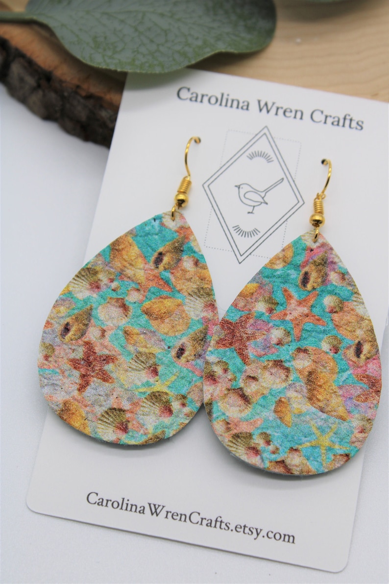 Genuine Leather Teardrop Earrings Shell Summer Beach Multiple Sizes