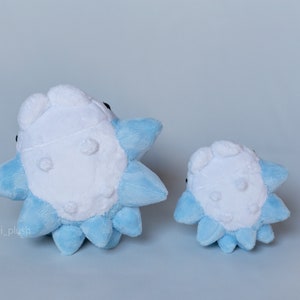 Puede incluir: Dos peluches con forma de criatura azul y blanca con pinchos. El peluche m&aacute;s grande est&aacute; a la izquierda y el m&aacute;s peque&ntilde;o a la derecha. Los peluches est&aacute;n de espaldas a la c&aacute;mara.