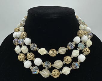 Vendome Coro Necklace Vintage Three 3 Strands Gold Cage Milk Glass Beads