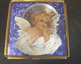 vintage Via Vermont bleu vitrail bibelot boîte à bijoux chérubin/ange 3"