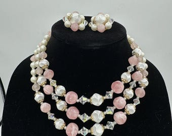 Vintage Necklace Earrings Set Pink Crystal Faux Pearls Three 3 Strands Clip One