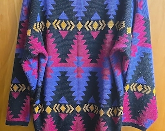 Pull tunique en mohair mélangé à rayures géométriques colorées VTG des années 90 taille M rétro Ricki