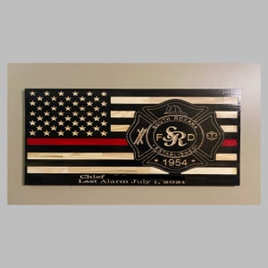 Carved Red Line Fireman&#39;s Wood Flag - FD Wood Flag - Red Line Fireman&#39;s Flag - Custom Red Line Flag - FD Wood Flag - Fireman&#39;s Gift