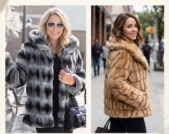 May include: A faux fur coat with Thinsulate insulation, shown in two color variations: a grey and black patterned version and a solid tan version. Both coats feature a textured, grid-like surface, a hood, and long sleeves.