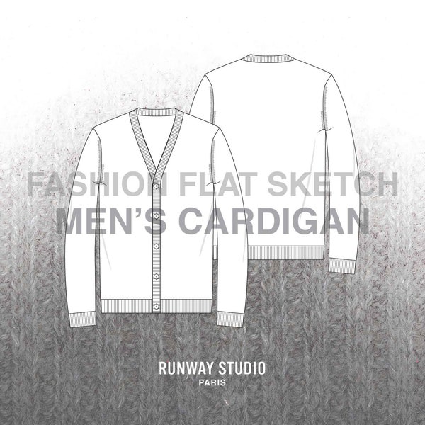 MEN’S CARDIGAN Fashion Flat Sketch - Fashion Vector Sketch - Technical Fashion Sketch - Menswear Knitwear Design