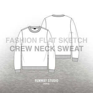 CREW NECK SWEATSHIRT Fashion Flat Sketch - Fashion Vector Sketch - Technical Fashion Sketch - Menswear Unisex Sweatshirt Fleece Sketch