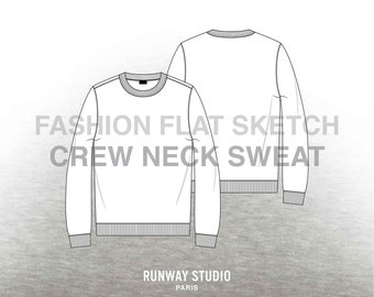 CREW NECK SWEATSHIRT Fashion Flat Sketch - Fashion Vector Sketch - Technical Fashion Sketch - Menswear Unisex Sweatshirt Fleece Sketch