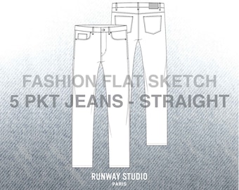 Men’s 5-Pocket STRAIGHT LEG JEAN Fashion Flat Sketch - Fashion Vector Sketch - Technical Fashion Sketch - Denim Menswear Sketch