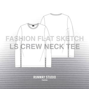 May include: A white long-sleeve crew neck t-shirt flat sketch design template. The image shows the front and back views of the shirt.