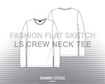 CREW NECK LS T-Shirt Fashion Flat Sketch - Fashion Vector Sketch - Technical Fashion Sketch