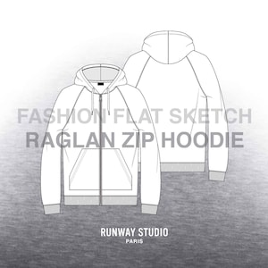 May include: A white raglan zip hoodie with a front pocket and a hood. The hoodie is shown in a flat sketch style.