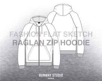 Men’s RAGLAN ZIP HOODIE Fashion Flat Sketch - Fashion Vector Sketch - Technical Fashion Sketch - Sweatshirt Menswear Unisex Sketch