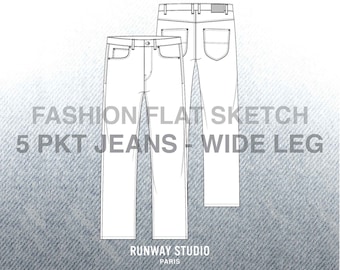 Men's 5-Pocket WIDE LEG JEAN Fashion Flat Sketch - Fashion Vector Sketch - Menswear Denim Fashion Flats Technical Sketch
