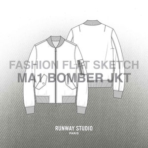 Pode incluir: Uma jaqueta bomber branca com fecho de correr, dois bolsos e gola e punhos canelados. A jaqueta tem um pequeno bolso na manga esquerda. O texto "FASHION FLAT SKETCH MA1 BOMBER JKT" está impresso na imagem. O texto "RUNWAY STUDIO PARIS" está impresso na parte inferior da imagem.