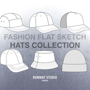 Puede incluir: Una colección de seis diseños de sombreros diferentes, que incluyen una gorra de béisbol, un sombrero de pescador, un gorro y una gorra de camionero. Los sombreros están todos dibujados en un estilo plano y minimalista. El texto "FASHION FLAT SKETCH HATS COLLECTION" está escrito en letras negritas debajo de los sombreros. El texto "RUNWAY STUDIO PARIS" está escrito en letras más pequeñas debajo del título de la colección.