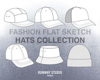 HATS COLLECTION Fashion Flat Sketches - 6 x HATS Fashion Vector Sketch Technical Sketch Fashion Design