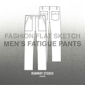 MEN&#39;S FATIGUE PANTS Fashion Flat Sketch - Fashion Vector Sketch - Technical Sketch Menswear Fashion Design