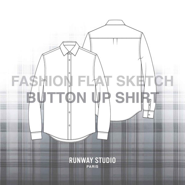 BUTTON UP SHIRT Fashion Flat Sketch - Fashion Vector Sketch -Technical Fashion Sketch -  Menswear Design Button-Up Sketch