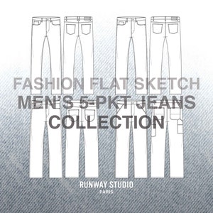 Men&#39;s 5-PKT JEANS COLLECTION Fashion Flat Sketches - Fashion Vector Sketch - Technical Fashion Sketch - Menswear Denim Jeans Fashion Sketch