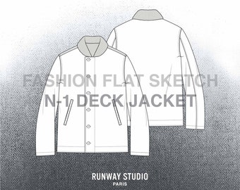 MEN'S DECK JACKET N-1 Fashion Vector Sketch - Fashion Flat Sketch - Menswear Military Outerwear Flats Technical Sketch Fashion Design Sketch